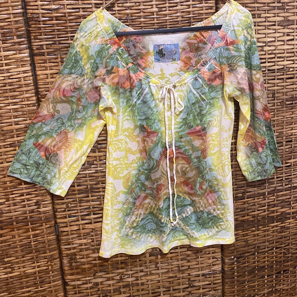 EUC anthropology Butterfly dropout orange, yellow, blue blouse, top S - Picture 5 of 7